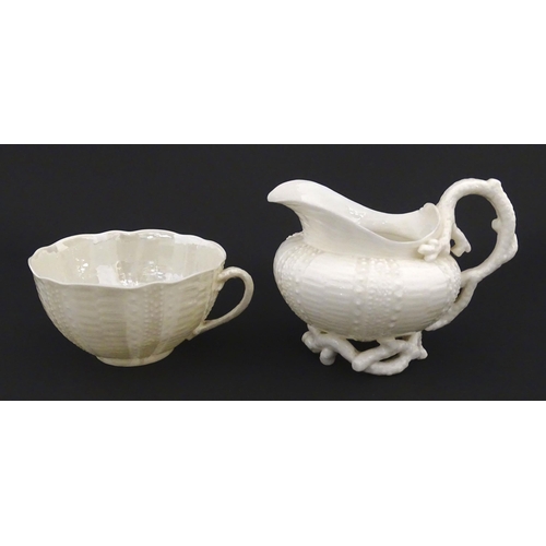 84 - Belleek tea wares in the Echinus pattern to include teapots, sugar bowls, milk jug, cup and saucer. ... 