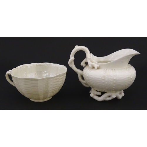 84 - Belleek tea wares in the Echinus pattern to include teapots, sugar bowls, milk jug, cup and saucer. ... 