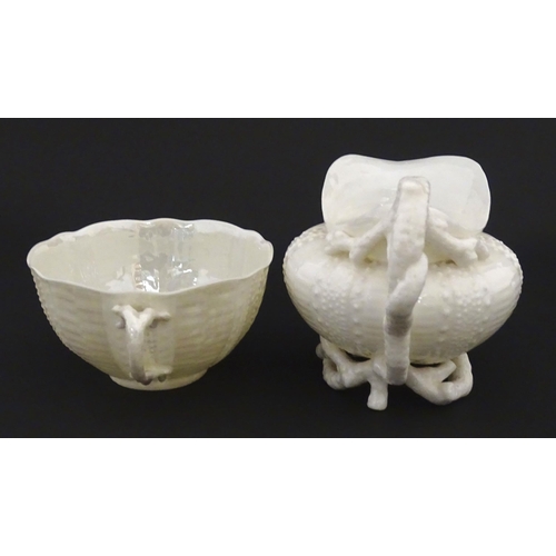 84 - Belleek tea wares in the Echinus pattern to include teapots, sugar bowls, milk jug, cup and saucer. ... 