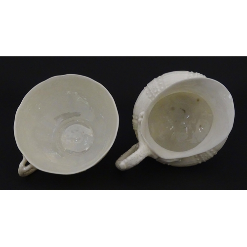 84 - Belleek tea wares in the Echinus pattern to include teapots, sugar bowls, milk jug, cup and saucer. ... 