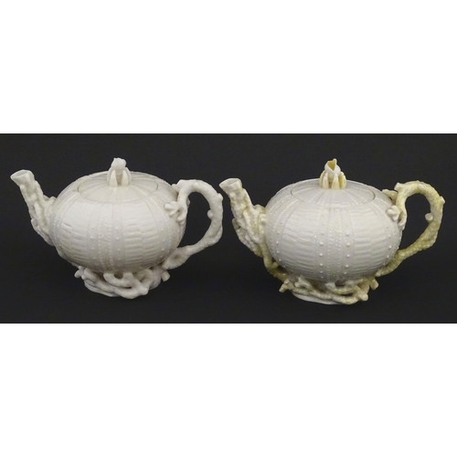 84 - Belleek tea wares in the Echinus pattern to include teapots, sugar bowls, milk jug, cup and saucer. ... 
