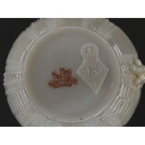 84 - Belleek tea wares in the Echinus pattern to include teapots, sugar bowls, milk jug, cup and saucer. ... 