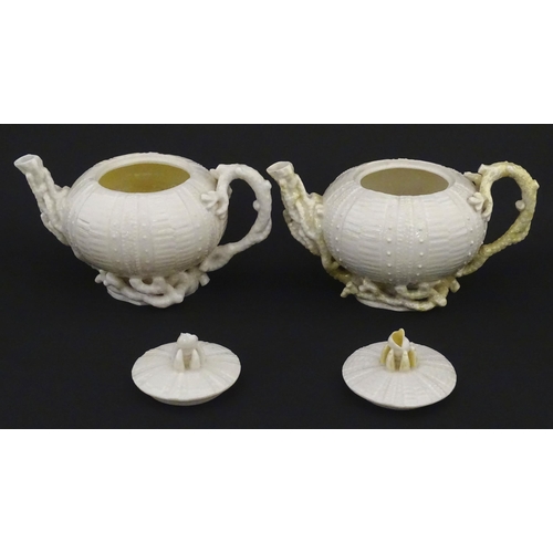 84 - Belleek tea wares in the Echinus pattern to include teapots, sugar bowls, milk jug, cup and saucer. ... 