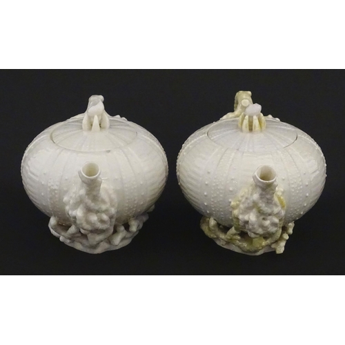 84 - Belleek tea wares in the Echinus pattern to include teapots, sugar bowls, milk jug, cup and saucer. ... 