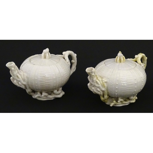 84 - Belleek tea wares in the Echinus pattern to include teapots, sugar bowls, milk jug, cup and saucer. ... 