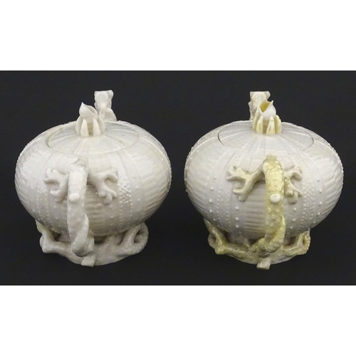 84 - Belleek tea wares in the Echinus pattern to include teapots, sugar bowls, milk jug, cup and saucer. ... 