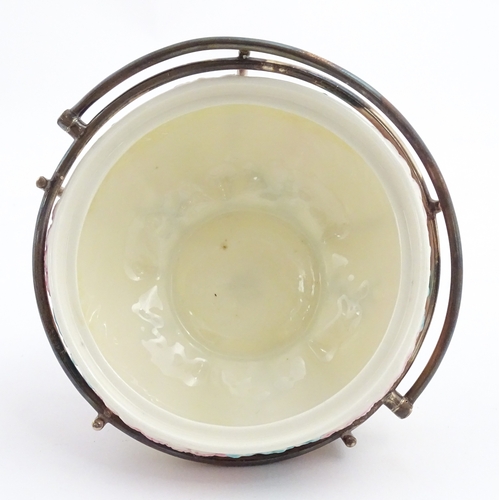 95 - A Belleek sugar bowl with pink scallop shell and blue painted detail, with a silver plate lid and st... 