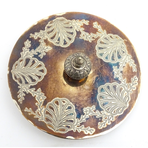 95 - A Belleek sugar bowl with pink scallop shell and blue painted detail, with a silver plate lid and st... 