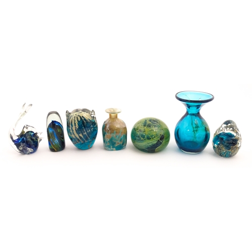 209 - Four assorted glass paperweights to include Mdina glass examples,  one formed as an owl together wit... 