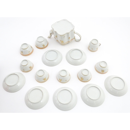 183 - 19thC New Hall tea wares decorated with a pink band and gilt detail, to include teapot, tea bowls, s... 