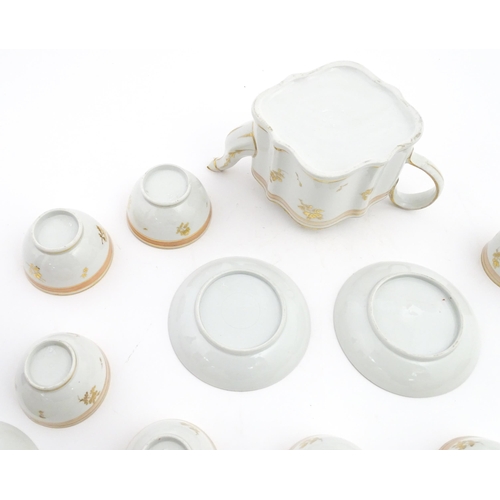 183 - 19thC New Hall tea wares decorated with a pink band and gilt detail, to include teapot, tea bowls, s... 