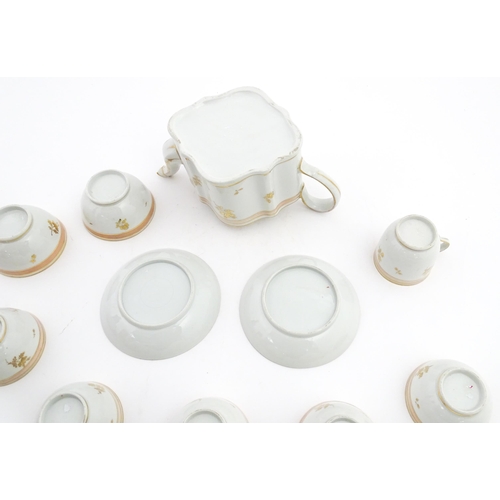 183 - 19thC New Hall tea wares decorated with a pink band and gilt detail, to include teapot, tea bowls, s... 