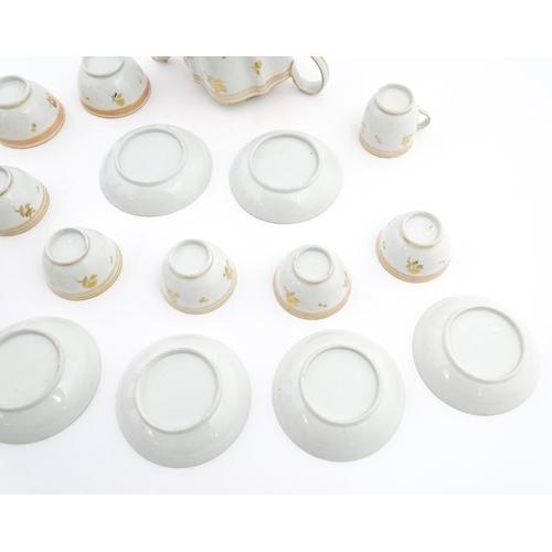 183 - 19thC New Hall tea wares decorated with a pink band and gilt detail, to include teapot, tea bowls, s... 