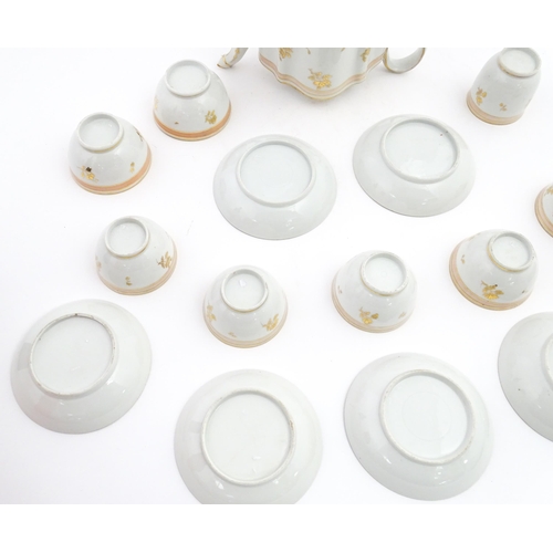 183 - 19thC New Hall tea wares decorated with a pink band and gilt detail, to include teapot, tea bowls, s... 