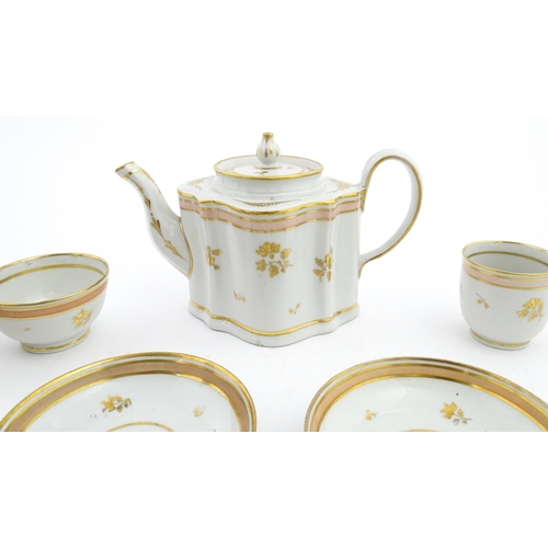 183 - 19thC New Hall tea wares decorated with a pink band and gilt detail, to include teapot, tea bowls, s... 
