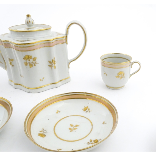 183 - 19thC New Hall tea wares decorated with a pink band and gilt detail, to include teapot, tea bowls, s... 
