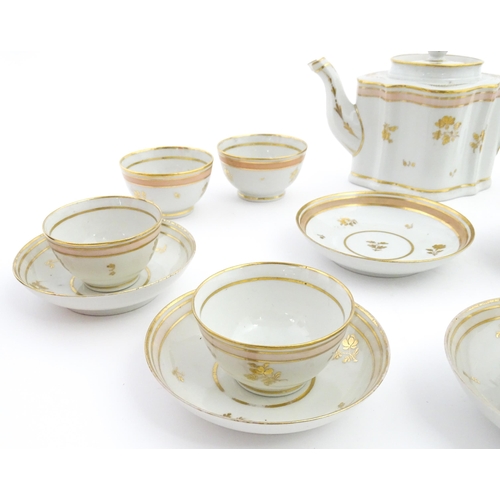 183 - 19thC New Hall tea wares decorated with a pink band and gilt detail, to include teapot, tea bowls, s... 