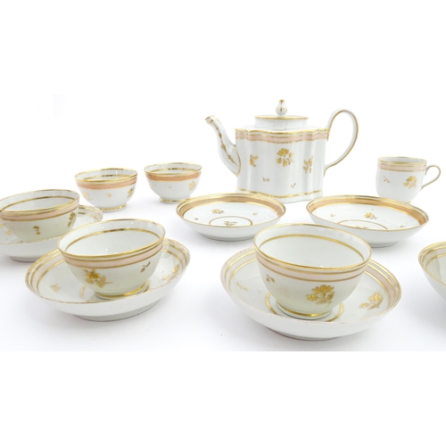 183 - 19thC New Hall tea wares decorated with a pink band and gilt detail, to include teapot, tea bowls, s... 