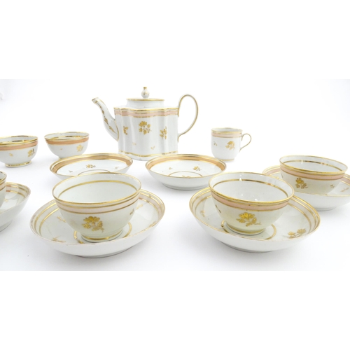 183 - 19thC New Hall tea wares decorated with a pink band and gilt detail, to include teapot, tea bowls, s... 