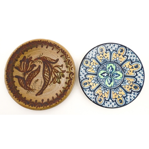 184 - A Spanish hand painted plate by Marcial Marco, signed under. Together with stoneware studio pottery ... 