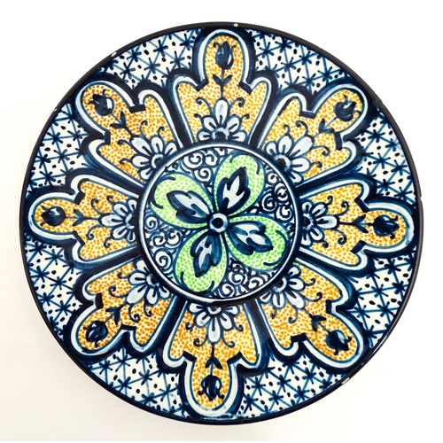 184 - A Spanish hand painted plate by Marcial Marco, signed under. Together with stoneware studio pottery ... 