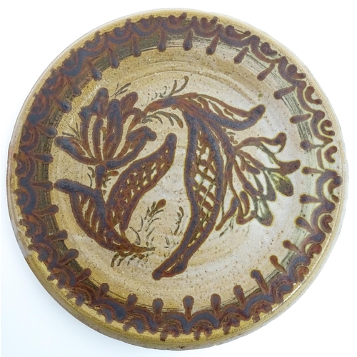 184 - A Spanish hand painted plate by Marcial Marco, signed under. Together with stoneware studio pottery ... 