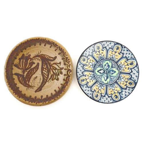 184 - A Spanish hand painted plate by Marcial Marco, signed under. Together with stoneware studio pottery ... 