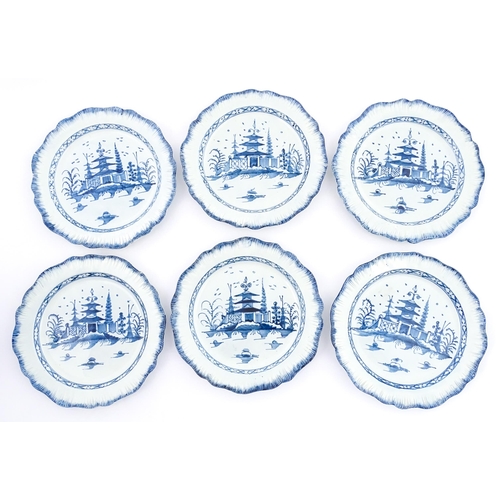 188 - Six blue and white pearlware feathered edge plates, decorated in the Pagoda pattern. Approx. 9 3/4