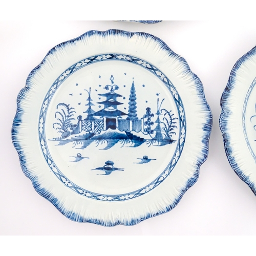 188 - Six blue and white pearlware feathered edge plates, decorated in the Pagoda pattern. Approx. 9 3/4