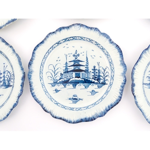 188 - Six blue and white pearlware feathered edge plates, decorated in the Pagoda pattern. Approx. 9 3/4