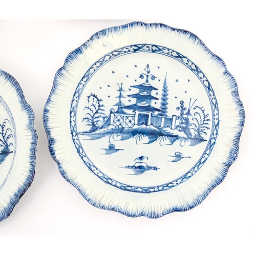 188 - Six blue and white pearlware feathered edge plates, decorated in the Pagoda pattern. Approx. 9 3/4