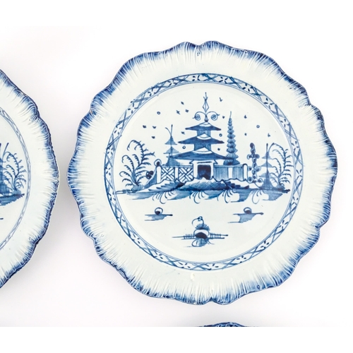 188 - Six blue and white pearlware feathered edge plates, decorated in the Pagoda pattern. Approx. 9 3/4
