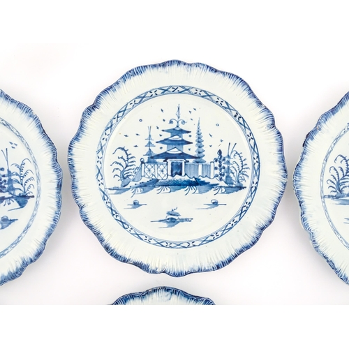 188 - Six blue and white pearlware feathered edge plates, decorated in the Pagoda pattern. Approx. 9 3/4