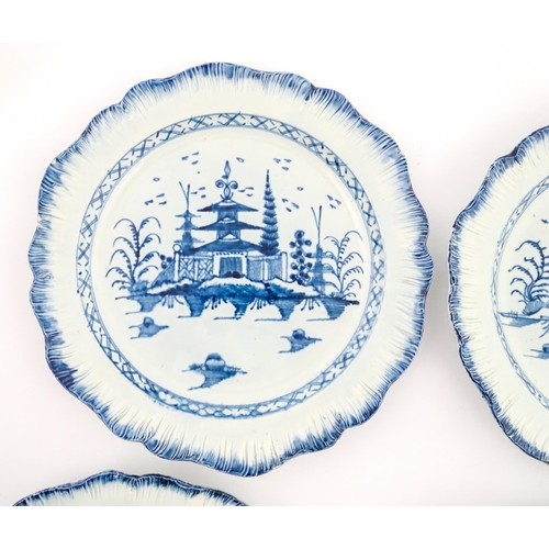188 - Six blue and white pearlware feathered edge plates, decorated in the Pagoda pattern. Approx. 9 3/4