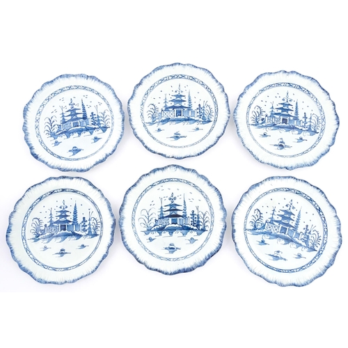 188 - Six blue and white pearlware feathered edge plates, decorated in the Pagoda pattern. Approx. 9 3/4