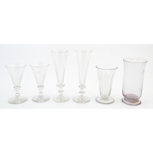 241 - A quantity of assorted 19thC and later drinking glasses together with two measuring jugs / beakers w... 