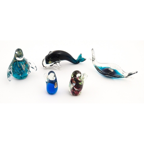 237 - Five various Mdina glass models to include examples formed as a penguin, dolphin, various birds etc.... 