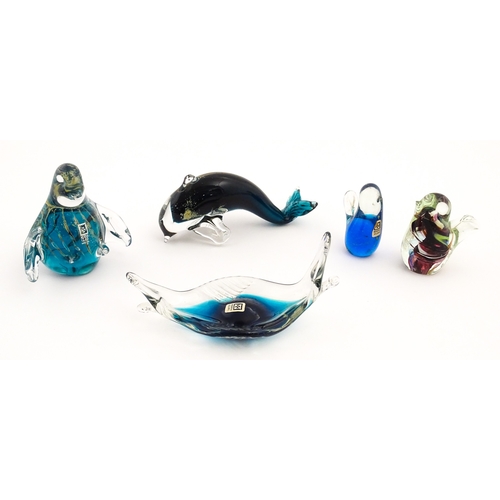237 - Five various Mdina glass models to include examples formed as a penguin, dolphin, various birds etc.... 