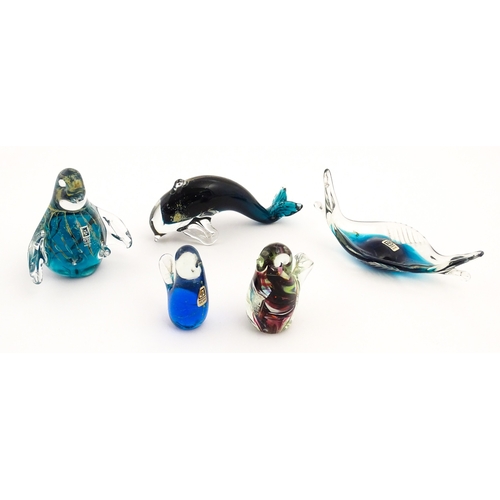 237 - Five various Mdina glass models to include examples formed as a penguin, dolphin, various birds etc.... 