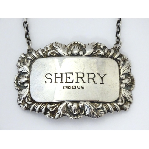 497 - A silver decanter / wine label / bottle ticket for Sherry hallmarked London 1993, maker Richards & K... 