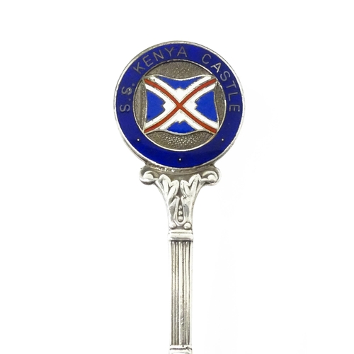 511 - A silver souvenir teaspoon with enamel detail to finial titled S. S. Kenya Castle, hallmarked Birmin... 