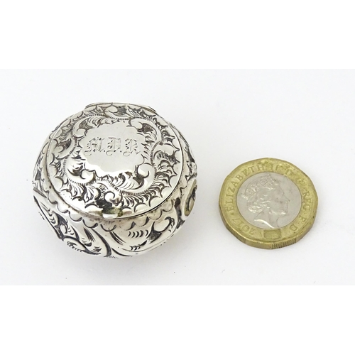 364 - A Victorian silver pill pot with embossed decoration, hallmarked Birmingham 1896, maker Cornelius De... 