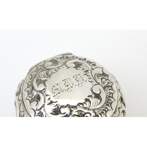 364 - A Victorian silver pill pot with embossed decoration, hallmarked Birmingham 1896, maker Cornelius De... 