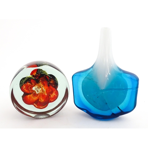 210 - Two Mdina glass items comprising a blue vase, and a paperweight. Both signed under. Vase approx. 7