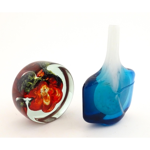 210 - Two Mdina glass items comprising a blue vase, and a paperweight. Both signed under. Vase approx. 7