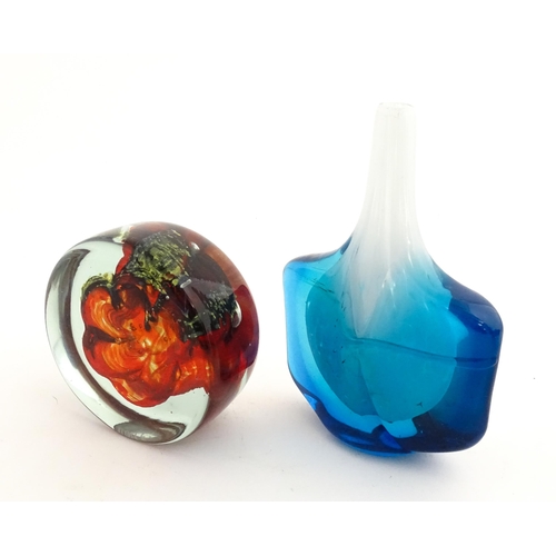 210 - Two Mdina glass items comprising a blue vase, and a paperweight. Both signed under. Vase approx. 7