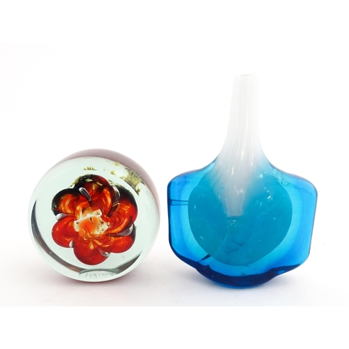 210 - Two Mdina glass items comprising a blue vase, and a paperweight. Both signed under. Vase approx. 7