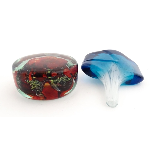 210 - Two Mdina glass items comprising a blue vase, and a paperweight. Both signed under. Vase approx. 7
