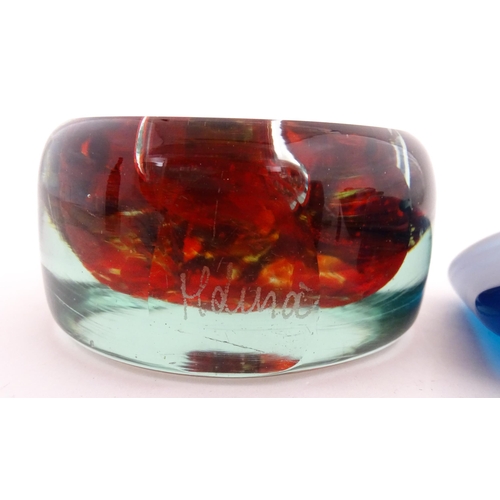 210 - Two Mdina glass items comprising a blue vase, and a paperweight. Both signed under. Vase approx. 7