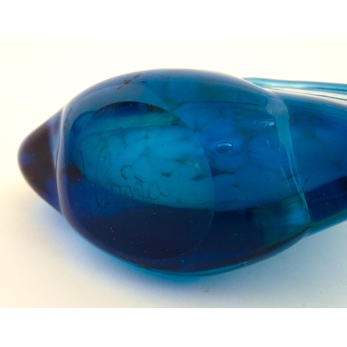 210 - Two Mdina glass items comprising a blue vase, and a paperweight. Both signed under. Vase approx. 7